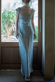 Elegant Blue Double Straps Sleeveless Beads Pleats Satin Evening Prom Dress