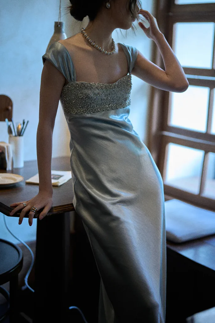 Elegant Blue Double Straps Sleeveless Beads Pleats Satin Evening Prom Dress