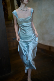 Elegant Blue Double Straps Sleeveless Beads Pleats Satin Evening Prom Dress