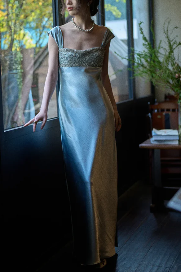 Elegant Blue Double Straps Sleeveless Beads Pleats Satin Evening Prom Dress