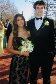 Black Strapless V-Neck Lace Appliques Sleeveless Prom Dress with Slit