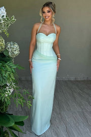 Halter Sweetheart Satin Pleats Sleeveless Sheath Formal Prom Dress