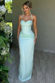 Halter Sweetheart Satin Pleats Sleeveless Sheath Formal Prom Dress