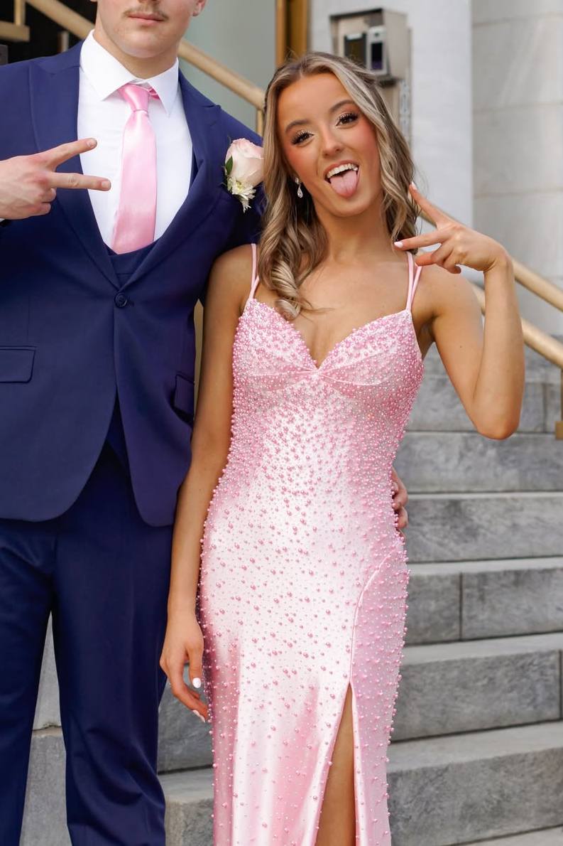 Pink Beaded Spaghetti Straps Sleeveless V-Neck High Slit Long Prom Dress