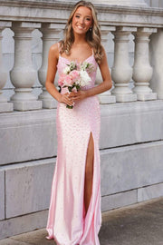 Pink Beaded Spaghetti Straps Sleeveless V-Neck High Slit Long Prom Dress