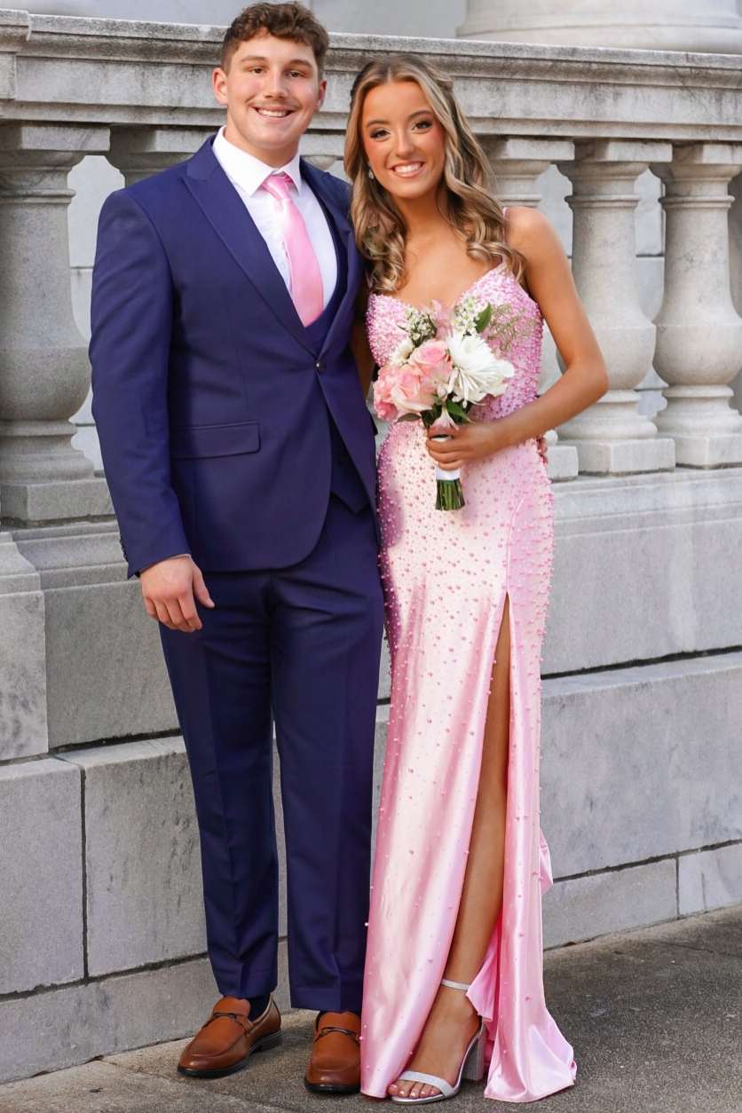Pink Beaded Spaghetti Straps Sleeveless V-Neck High Slit Long Prom Dress