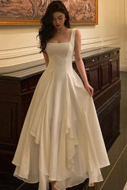 Elegant White Straps Square Ruffles Chiffon A-Line Party Prom Dress