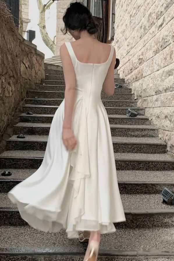 Elegant White Straps Square Ruffles Chiffon A-Line Party Prom Dress