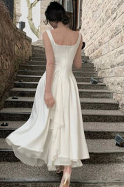 Elegant White Straps Square Ruffles Chiffon A-Line Party Prom Dress