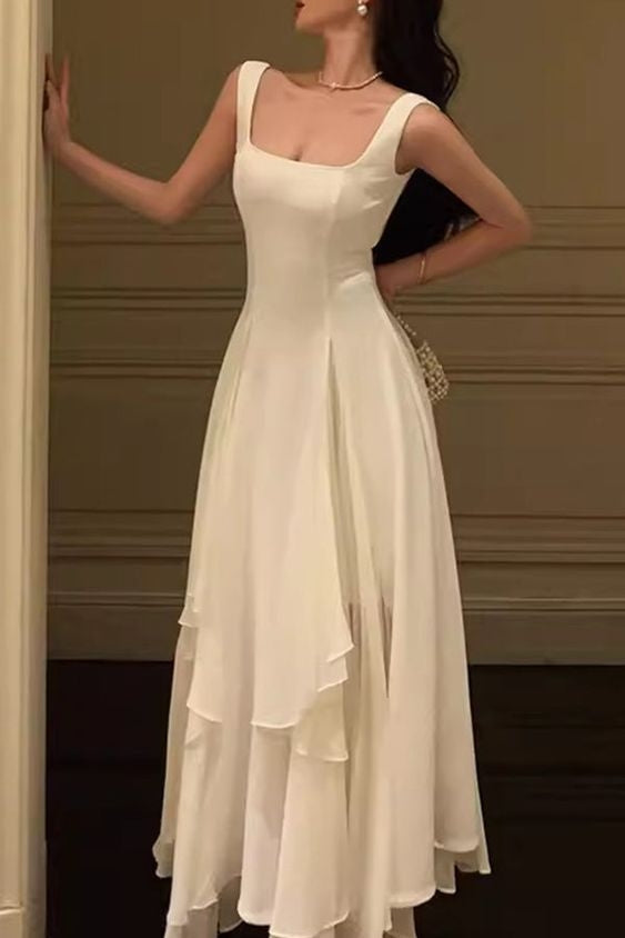 Elegant White Straps Square Ruffles Chiffon A-Line Party Prom Dress