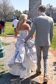 Stunning Jacquard Strapless Empire-Waist A-Line Long Prom Dress with Bow