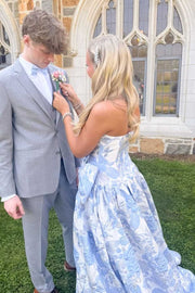 Stunning Jacquard Strapless Empire-Waist A-Line Long Prom Dress with Bow