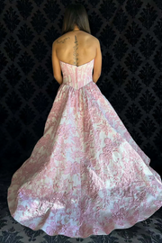 Pink A-Line Strapless Empire-Waist Sleeveless Jacquard Long Prom Dress