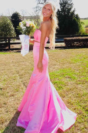 Mermaid Pink Strapless Bow Sleeveless Satin Pleats Prom Dress