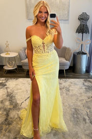 Yellow Off-Shoulder Sweetheart Lace Appliques Side Slit Long Prom Dress