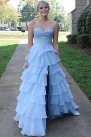 Popular A-Line Strapless Empire-Waist Ruffles Chiffon Long Prom Dress with Slit