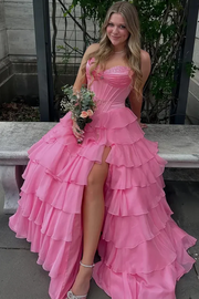 Popular A-Line Strapless Empire-Waist Ruffles Chiffon Long Prom Dress with Slit