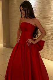 Red A-Line Strapless Pleated Empire-Waist Evening Prom Dress with Bow