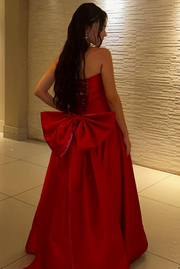 Red A-Line Strapless Pleated Empire-Waist Evening Prom Dress with Bow