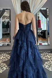 Navy Blue Glitter A-Line Strapless Ruffles Empire-Waist Tulle Prom Dress