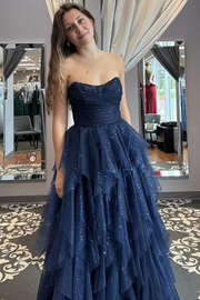 Navy Blue Glitter A-Line Strapless Ruffles Empire-Waist Tulle Prom Dress