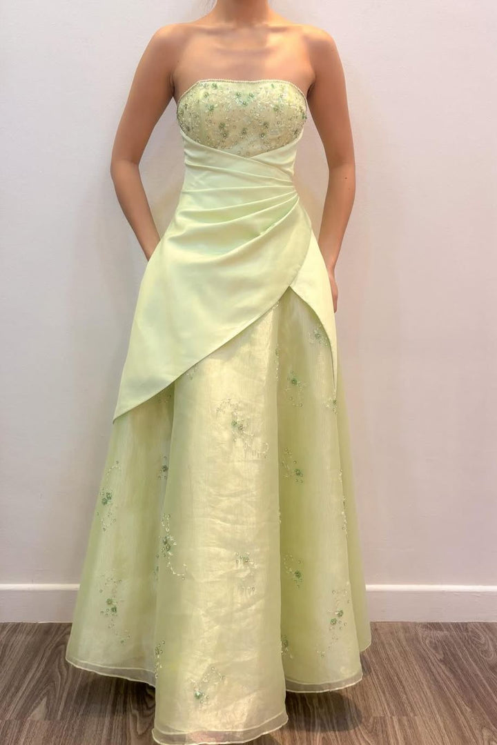 Strapless A-Line Scoop Neck Pleats Empire-Waist Sleeveless Long Prom Dress