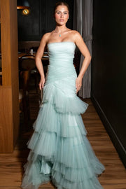 Strapless Ruffles Tulle Sleeveless Pleats Mermaid Prom Dress