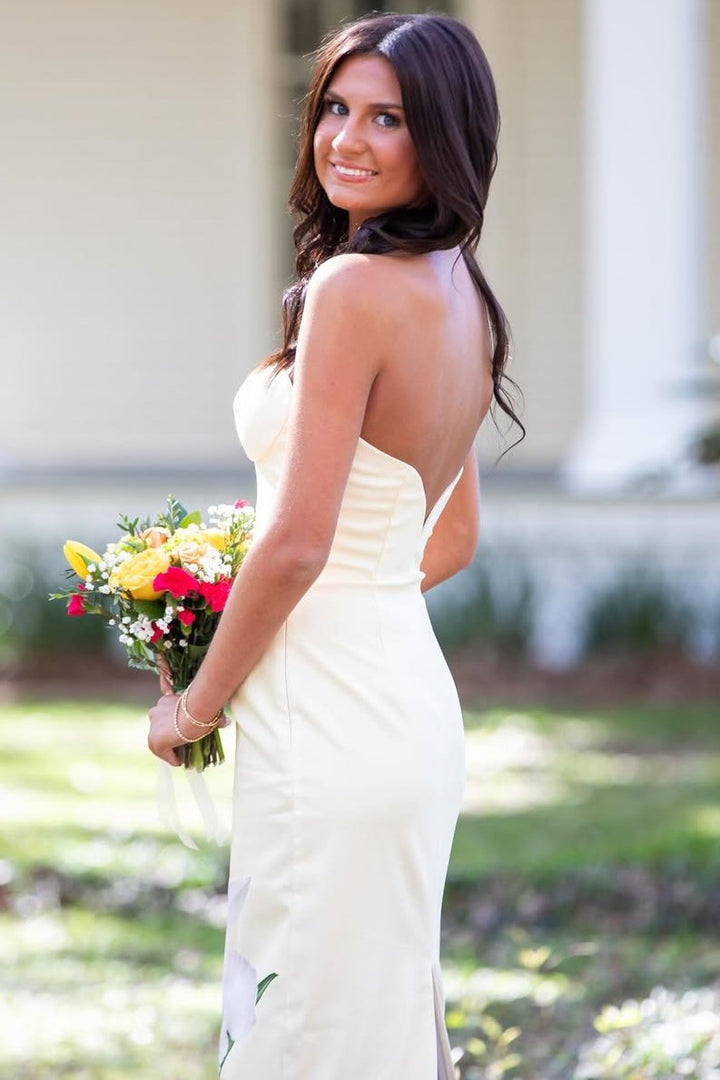 Yellow Strapless Sweetheart Print Sleeveless Sheath Long Prom Dress