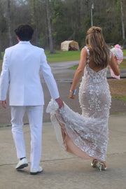 Stunning Straps Lace Appliques Sleeveless Mermaid Long Prom Dress