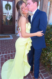 Yellow Strapless Ruffles Sleeveless Mermaid Prom Dress with Slit