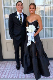Black Strapless Pearls A-Line Empire-Waist Sleeveless Long Prom Dress