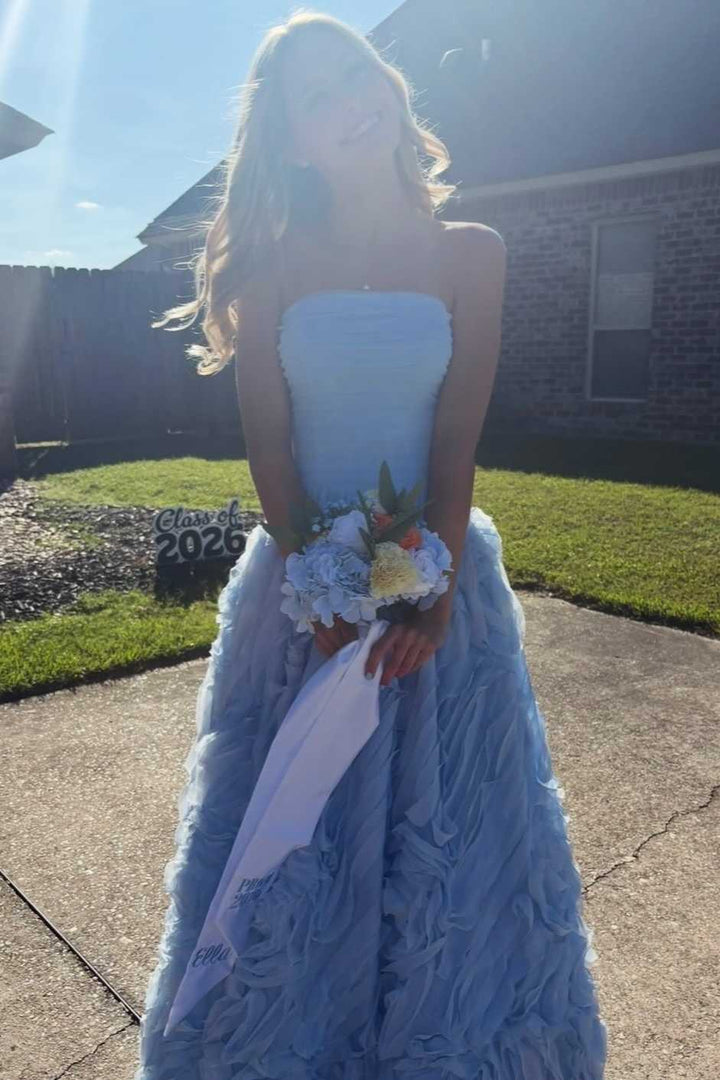 A-Line Strapless Ruffles Tulle Scoop Neck Empire-Waist Sleeveless Prom Dress