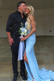 Stunning Blue Strapless Beaded Sleeveless Pleats Mermaid Long Prom Dress