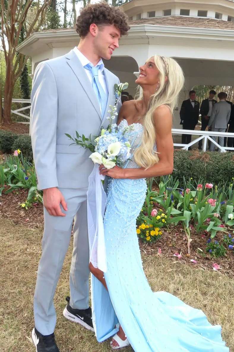 Stunning Blue Strapless Beaded Sleeveless Pleats Mermaid Long Prom Dress