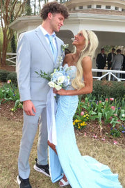 Stunning Blue Strapless Beaded Sleeveless Pleats Mermaid Long Prom Dress