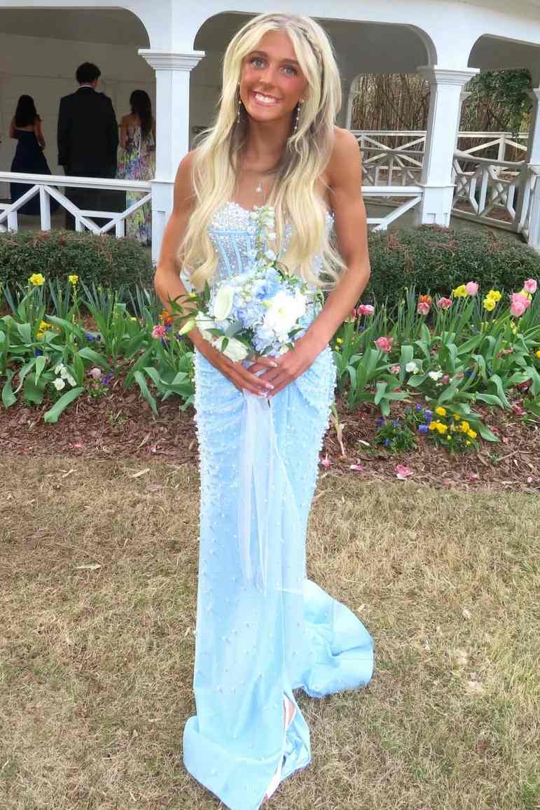 Stunning Blue Strapless Beaded Sleeveless Pleats Mermaid Long Prom Dress