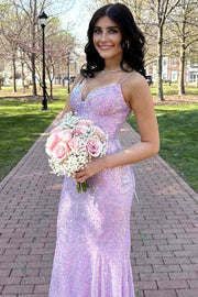Spaghetti Straps V-Neck Sequined Sleeveless Sparkly Prom Dress
