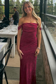 Burgundy Off-Shoulder Jacquard Pleats Sheath Long Prom Dress