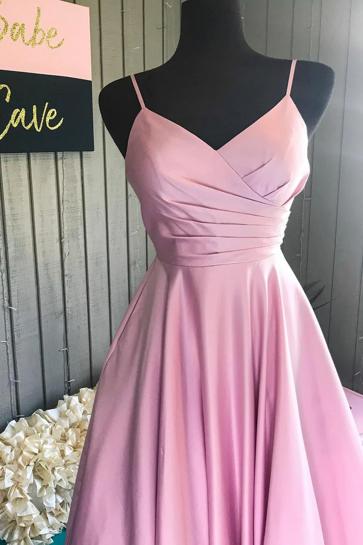 Simple Pink A-Line Spaghetti Straps Pleated V-Neck Satin Prom Dress