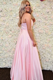 Simple Pink A-Line Spaghetti Straps Pleated V-Neck Satin Prom Dress