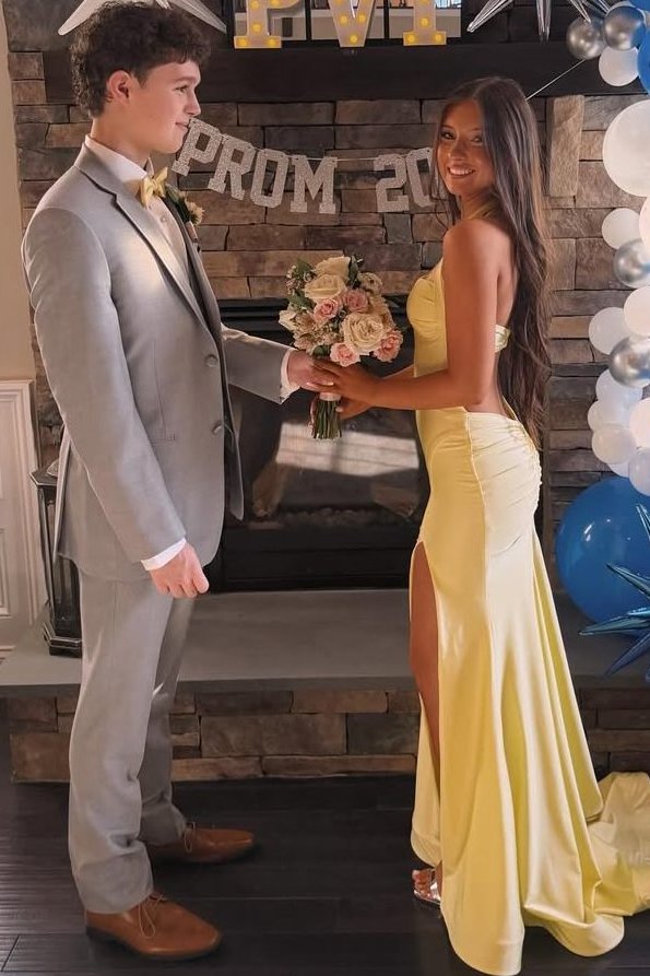 Yellow Halter Sleeveless Pleats Satin Backless Side Slit Formal Prom Dress