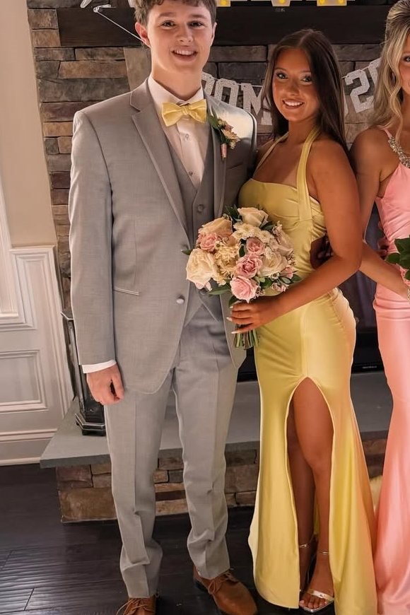 Yellow Halter Sleeveless Pleats Satin Backless Side Slit Formal Prom Dress