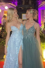 Spaghetti Straps V-Neck A-Line Lace Appliques High Slit Prom Dress