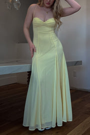 Yellow Spaghetti Straps Pleated Sweetheart Sleeveless Long Prom Dress