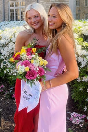 Pink Strapless Satin Pleats Sleeveless Fitted Long Formal Prom Dress