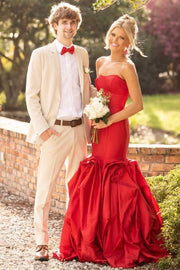 Red Strapless A-Line Ruched Flower Sleeveless Long Prom Dress