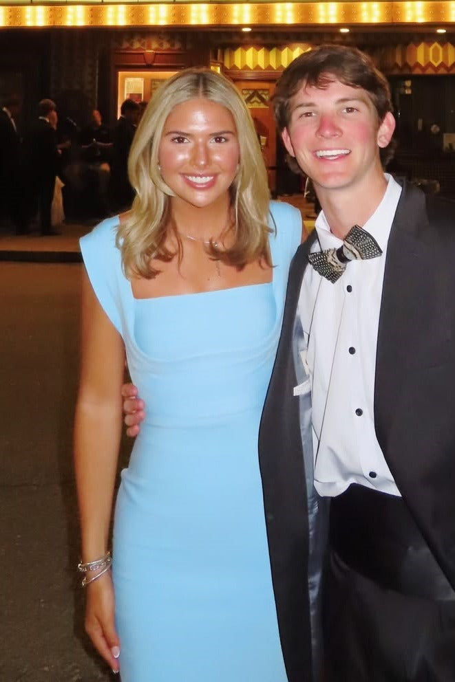 Chic Blue Double Straps Square Neck Satin Formal Prom Dress