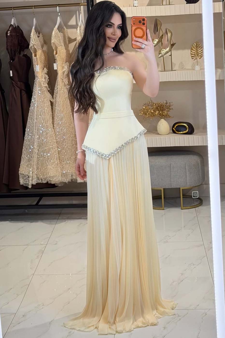 Yellow Strapless Beads Sleeveless Pleated Chiffon Evening Prom Dress