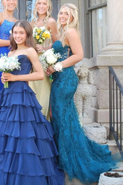 Timeless Strapless Lace Appliques Sleeveless Mermaid Long Prom Dress