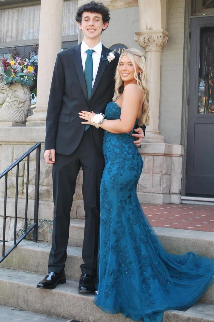 Timeless Strapless Lace Appliques Sleeveless Mermaid Long Prom Dress